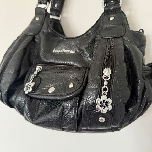 Angel Barcelo Black PU Leather Hobo Tote Shoulder Handbag Multi Pockets No Strap - Picture 4 of 14